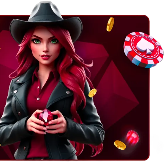 Ruby Reels Casino hostess with a ruby gem and gold coins